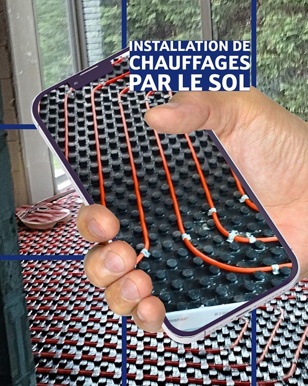 Pose d'un collecteur de chauffage par le sol, tuyaux orange sur trame