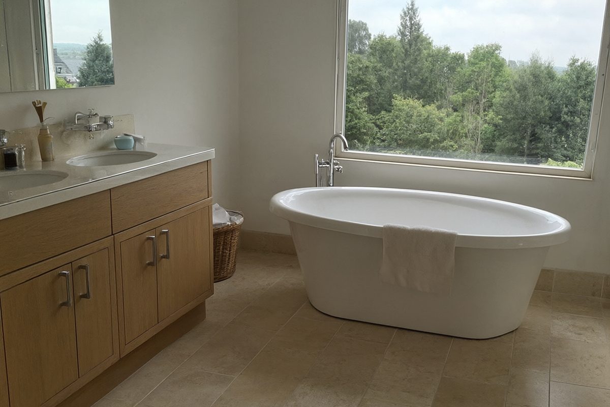 Salle de bain spacieuse avec double vasque et baignoire îlot devant une grande fenêtre